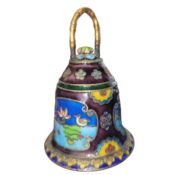 Vintage Cloisonné Enamel Bell With Intricate Floral & Bird Design Purple Blue - Picture 2 of 12